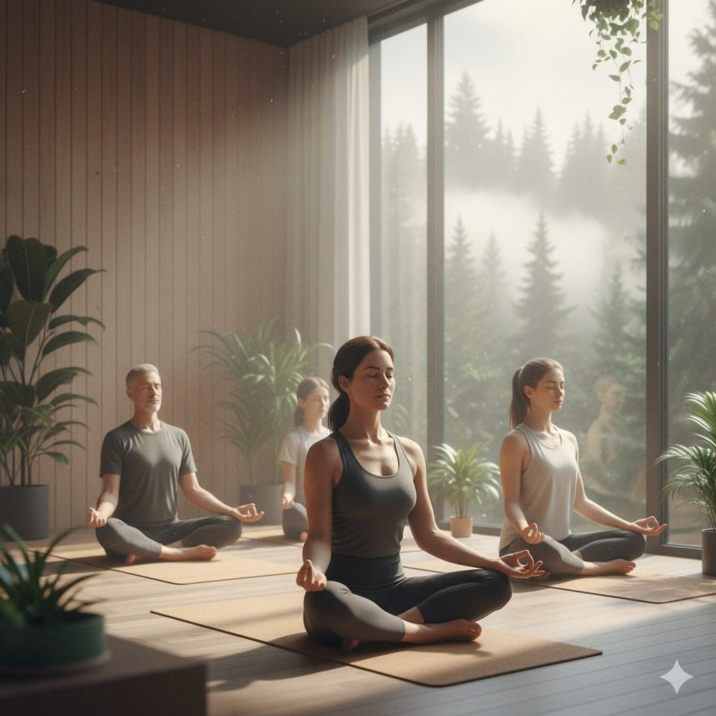 A serene person meditating outdoors in a peaceful garden, depicting calm and stress reduction.