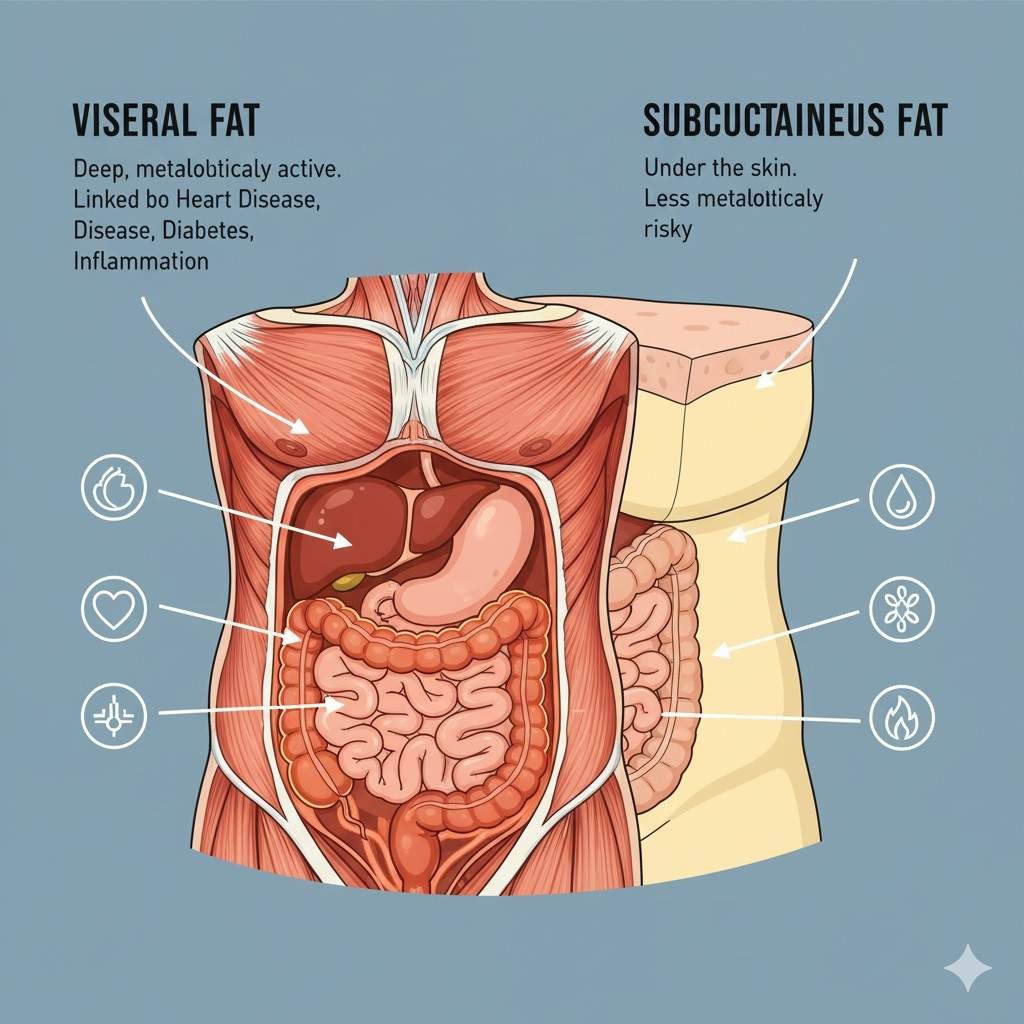 An anatomical illustration comparing visceral fat (deep around organs) and subcutaneous fat (just under the skin) in the human abdomen.
