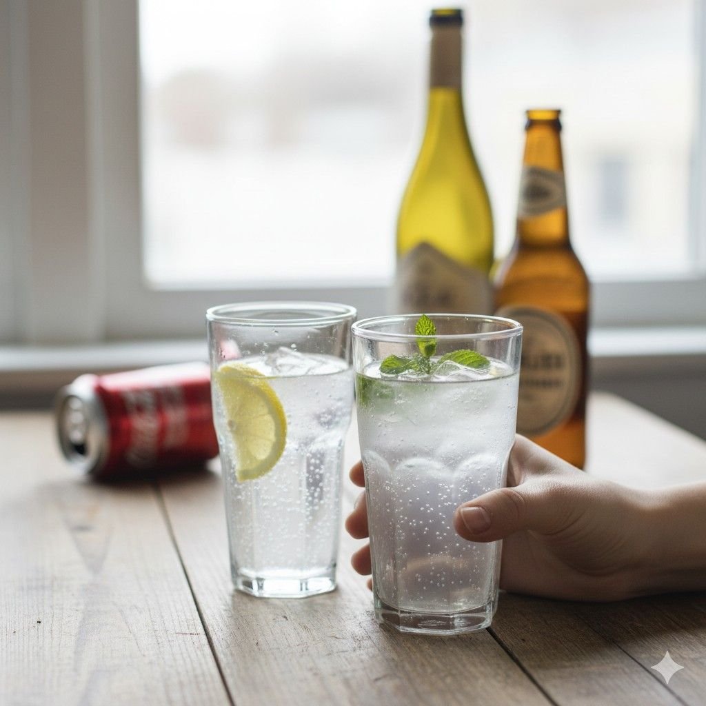 A side-by-side comparison of a glass of refreshing sparkling water with lemon vs. a sugary soda or alcoholic beverage, highlighting healthy drink choices.
